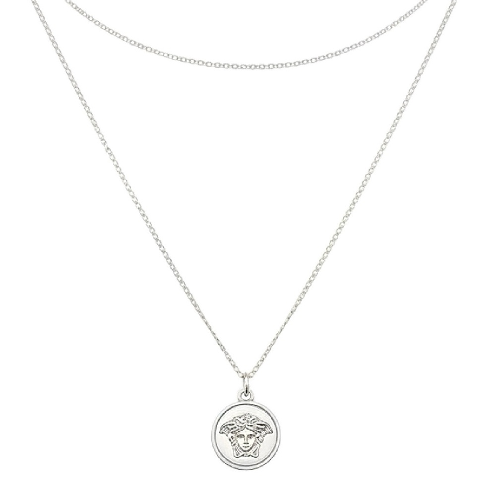Versace Medusa Zipper Pull Pendant 925 Sterling Silver Cuban Chain Necklace Set